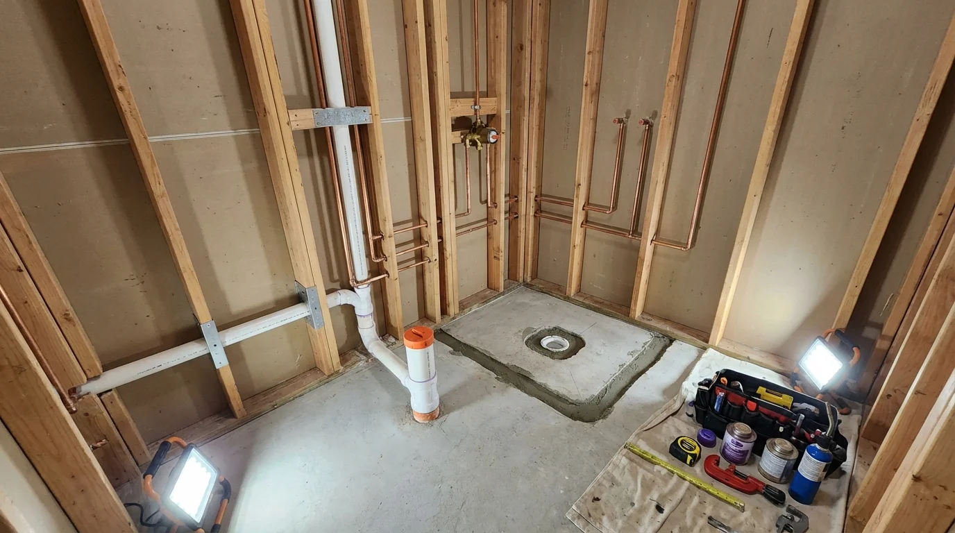 Bathroom rough-in plumbing during remodel by Johns Plumbing LLC in Mannington