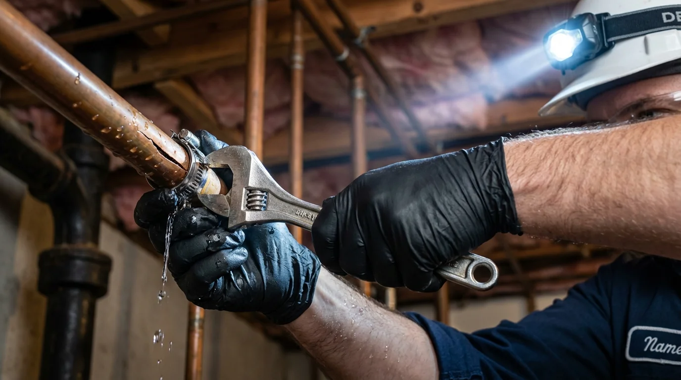 Emergency pipe clamp repair being performed by a Johns Plumbing LLC plumber in Mannington