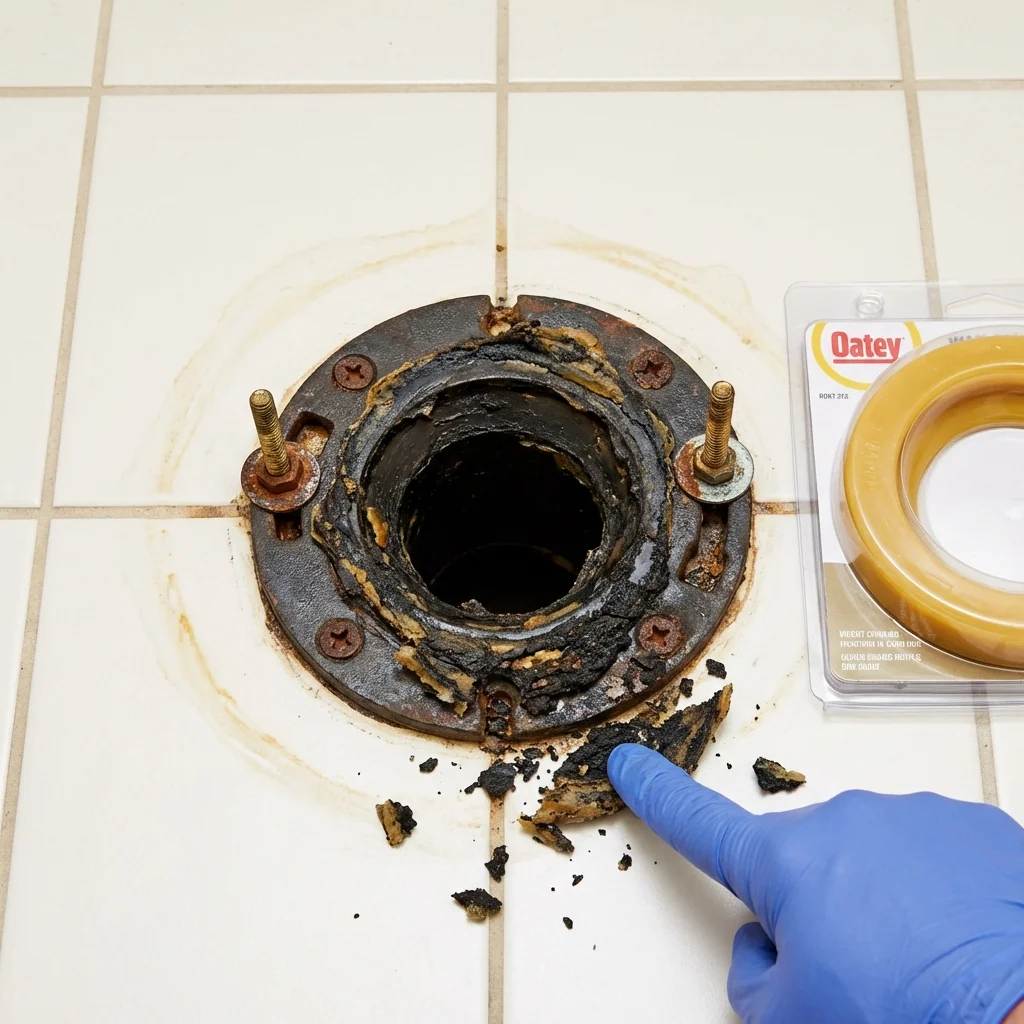 Failed wax ring showing water seepage at the base of a toilet in a Mannington, WV home