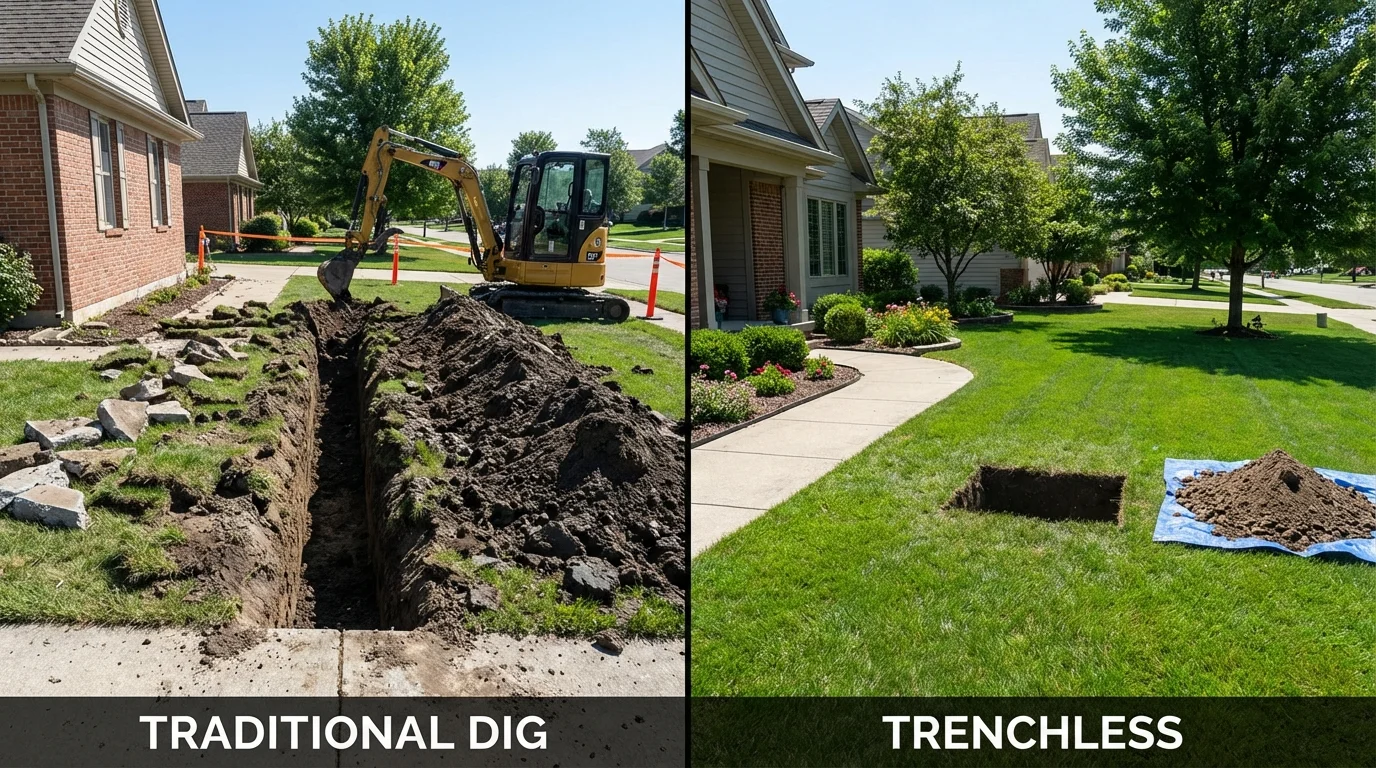 Trenchless sewer repair with minimal yard damage versus traditional excavation in Mannington, WV